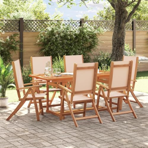 Hoopleep 7-TLG. Garten-Essgruppe aus Massivholz Akazie und Textilene, erweiterbarer Esstisch mit 6 verstellbaren Stühlen für Outdoor Terrasse Möbel