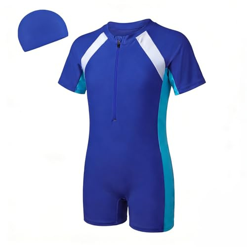 FILOWA Costume Piscina Bambini Maniche Corte Costume Intero, 8-9 Anni, Blu