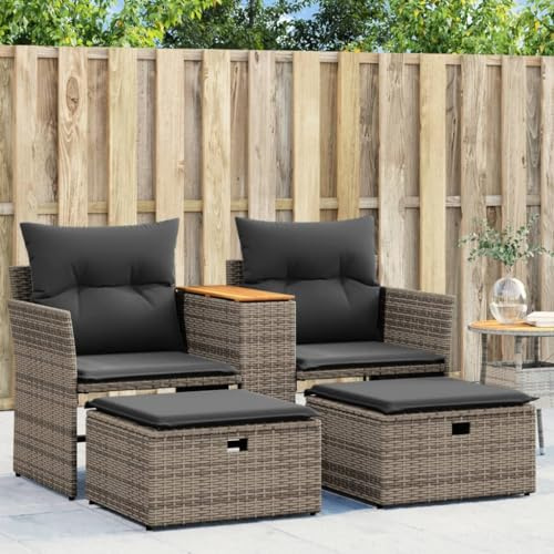 Refined Gartensofa 2-Sitzer mit Hockern Outdoor Sofa mit eingebauter Ablage, Terrassensofa mit Hockern, Gartenmöbel Sofagarnitur Gartengarnitur Grau Poly Rattan
