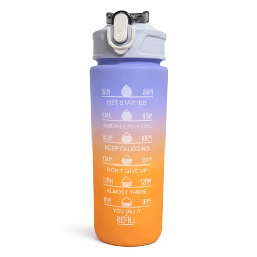 Motivational Water Bottle with Time Marker, 750ml, BPA-Free Tritan, Leakproof, Straw Lid & Carry Strap, Blue, Green, Pink, for Sports, Gym & Fitness (Blue and Orange)
