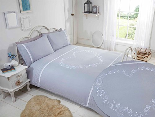 Rapport Home Embroidered Grey Heart Super King Duvet Quilt Cover & 2 Pillowcase Bed
