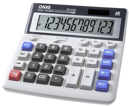 ONXE 12 Digit Desk Calculator,Calculators Desktop with Extra Large 4.9 LCD Display & Big Buttons, Solar & Battery Dual Power, Standard Basic 4 Function Office Calculator for Financial, Home Daily Use