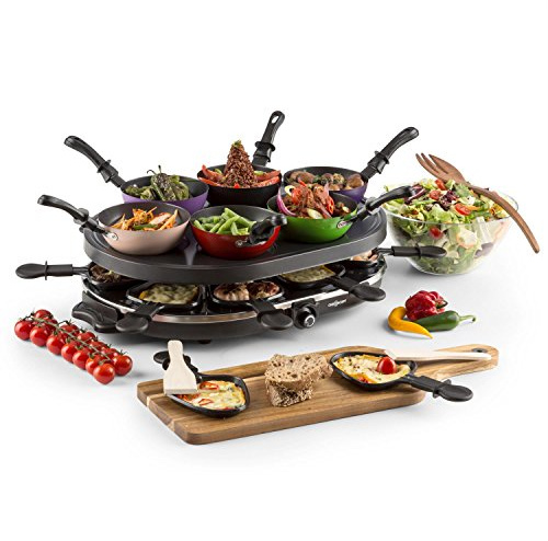 Oneconcept Woklette - Gril à raclette, Gril de table, de fête, Puissance : 1200 watts, Température réglable en continu, incl. 8 poêlons et spatule en bois, Revêtement antiadhésif, noir