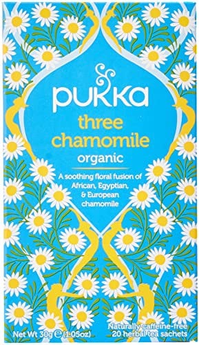 Pukka Herbs | Three Chamomile Organic Herbal Tea Box | Infusion With African, Egyptian & European Chamomile | Perfect For Calming | Caffeine Free | 4 Packs | 80 Plant Based Biodegradable Tea Bags