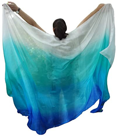 Winged Sirenny Bauchtanz Schleier aus Echter Seide Handbemalt 270 x 135cm, Fließender Luxus Bauchtanz-Schal,weiß-pfauenblau-türkis-blau