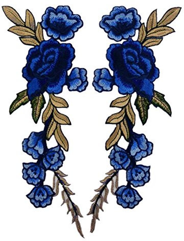 (Pack of 2) 7 Peony Flowers on Vine Embroidered Appliques Sew or Iron on Patches(Royal Blue)