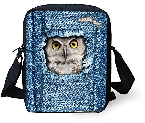 HUGS IDEA Niedliche Damen-Umhängetasche, Denim, Katze, Hund, bedruckt, kleine Umhängetasche, Mini-Schultertasche, eule, Small