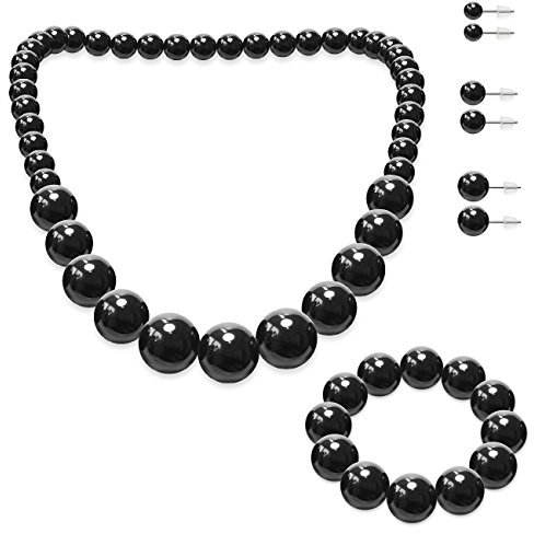 SoulCats Schmuckset, Perlenkette, Perlenarmband und 3 Paar Ohrstecker, Farbe: schwarz