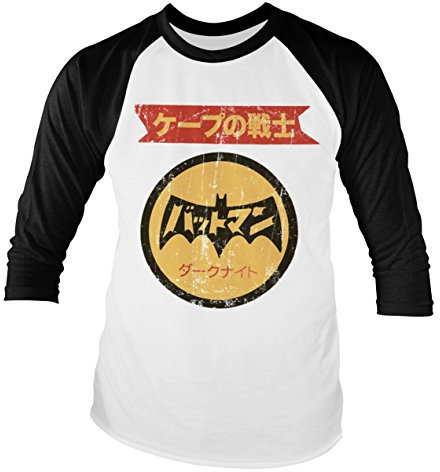 BATMAN Offizielles Lizenzprodukt Japanese Retro Logo Baseball Lange Ärmel T-Shirt (Weiß/Schwarz), Medium