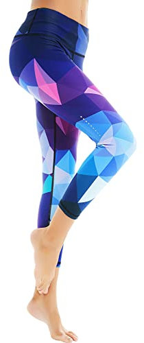 COOLOMG Damen Sport Leggings Laufhose 3/4 lang mit Taschen Yogahose Kompressionshose Geometrie_lila L