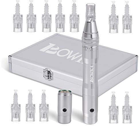 BOWKA Elektrischer Derma Pen Microneedling Pen inkl. 12 Stück Mikro Nadelpatrone kabellos Wiederaufladbar verstellbar von 0,25 bis 2,5 mm (silber)