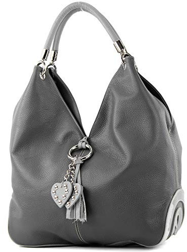 modamoda de 330 Damen Leder Nappaleder Wildleder Schultertasche Henkeltasche groß handmade in Italy, Farbe:Dunkelgrau/Grau
