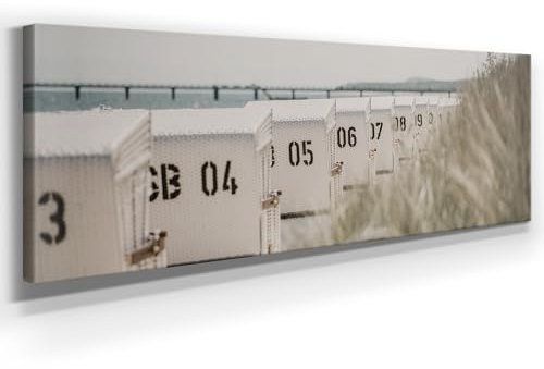 Atemberaubendes Ostsee Bild als Panorama Leinwand 150x50cm, Motiv Zinnowitz Strandkörbe. Ein einzigartiges XXL Wandbild als Deko für Wohnzimmer, Schlafzimmer, Küche. Aufgespannt auf Holzrahmen