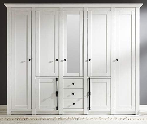 GuenstigEinrichten Kleiderschrank Landhausstil Hooge in Pinie weiß Landhaus Drehtürenschrank 7-türig mit Spiegel 236 x 206 cm Schlafzimmerschrank (Weiß Kleiderschrank 2)