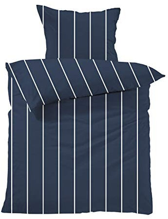 Lavea Bettwäsche Set - Andreas 135 x 200cm + 80 x 80cm. Design: Feine Streifen - Farbe: Navy 100% Baumwolle. Hochwertig mit Reißverschluss. GOTS/Bio Zertifiziert.