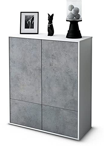 Stil.Zeit Highboard Ida, Korpus Weiss matt, Front Industrie-Design Beton (92x108x35cm), Push-to-Open Technik & Leichtlaufschienen