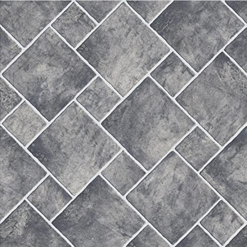 Plank & Tile Effect Flash Vinyl Flooring 2.3mm Realistic Foam Backed Lino Slip Resistant (Grey Stone Squares, 5m x 4m)