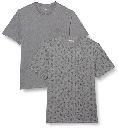 Amazon Essentials Herren T-Shirt mit kurzen Ärmeln, Rundhalsausschnitt und Tasche in schmaler Passform, 2er-Pack, Grau Meliert Kaktus, XXL