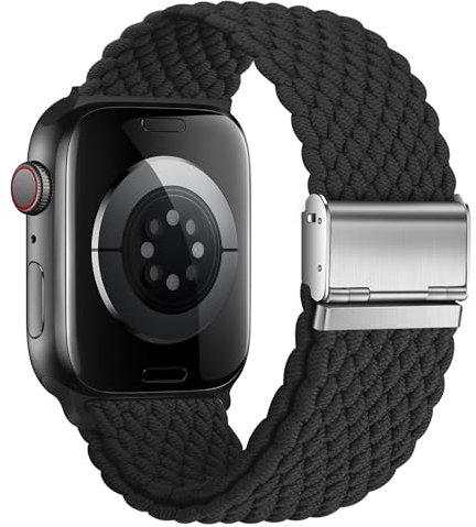 Nepfaivy Bracelet en Nylon Compatible avec Apple Watch 42mm 41mm 40mm 38mm Femme Homme, Bracelet Elastique Sport de Remplacement Réglable pour watch SE/10/9/8/7/6/5/4/3/2/1, Noir