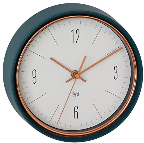 TFA Dostmann Wanduhr analog, 60.3547.20, Funkuhr, aus Metallrahmen mit kupferfarbenen Zeiger, Design, Petrol-grün, 223 x 70 x 223 mm
