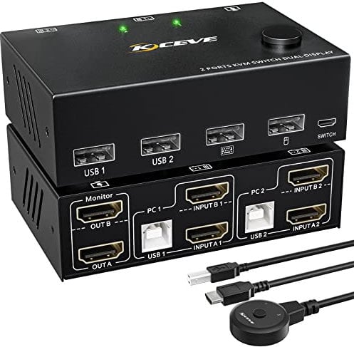 Dual Monitore KVM Switch HDMI 4k@60Hz, ESKEVE HDMI Extended Display Switch für 2 PCs mit zwei Monitore und 4 USB 2.0 Ports, Desktop Controller und USB HDMI Kabel enthalten