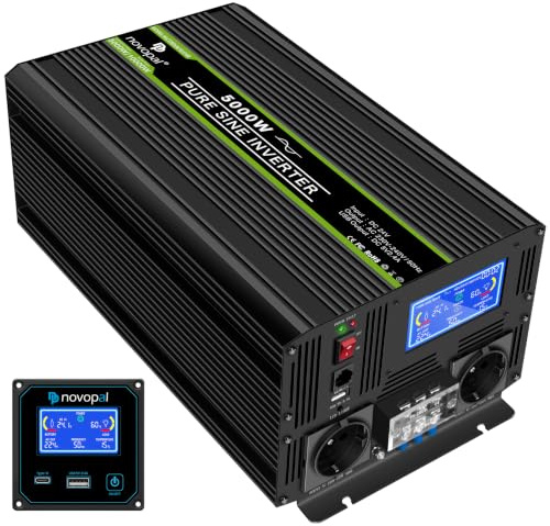 NOVOPAL 5000W KFZ Wechselrichter 24V 230V Spannungswandler Reiner Sinus | Spitze 10000W, 5m Fernbedienung, 2.4A USB & LCD-Display für Solaranlagen, Wohnmobil, Camper, Camping