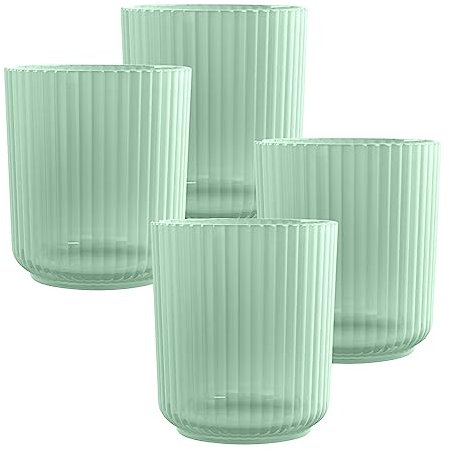 Purely Home Green Reusable Plastic Cups - Matte Finish 15oz Ribbed Tumbler Drinking Cups Set for Outdoor Dining