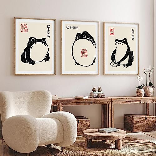 Dittelle Antikes Vintage-Leinwandposter Matsumoto Hoji Frog, japanischer Holzschnitt, hässliche süße Kröte, Wabi Sabi, Wandkunst, Dekor, Gemälde, 30 x 40 cm, 3 Stück, rahmenlos