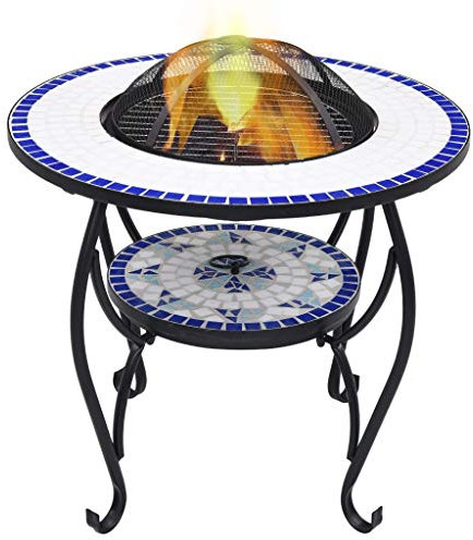 Homgoday Tisch mit Mosaik-Feuerschale Blau und Weiß 68 cm aus Keramik, Esstisch, Küchentisch, Gartentisch, Outdoor-Tische