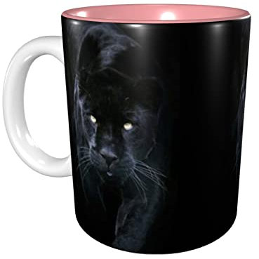 Lsjuee Pantera con ojos azules Tazas de café Taza de cerámica de 11 OZ para la oficina y el hogar Taza de té de agua dentro de rosa