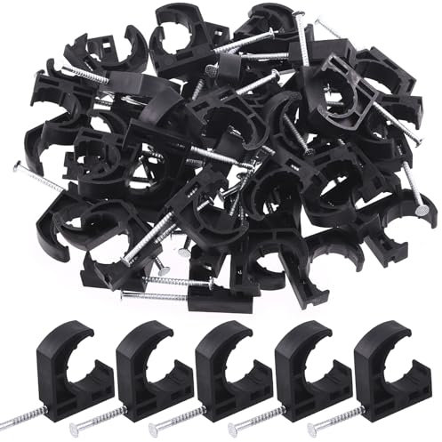 Swpeet 50Pcs Black Color Half Clamp J-Hook with Nail Assortment Kit, Plastic Small J Clamps Half Clamp Fixture, Cable Tacks Pex Hangers Ideal for 3/4 PEX Tubing Pipe Support
