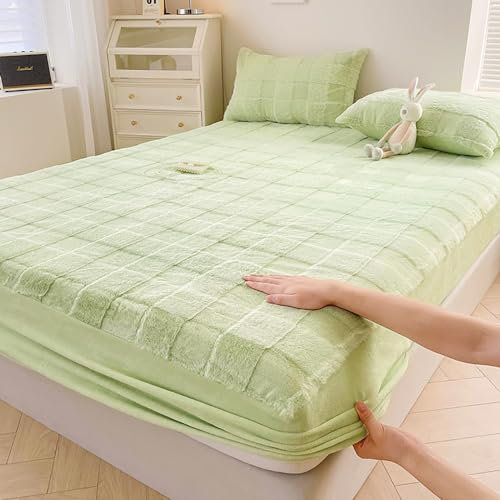 Menkala Spannbettlaken 135x200cm Plüsch Spannbetttuch Grün Kariert Winter Warm Cashmere Touch Fleece Spannbetttucher Kunstfell Kaninchenfell Matratzenschoner Bettlaken Matratzentopper bis 30cm