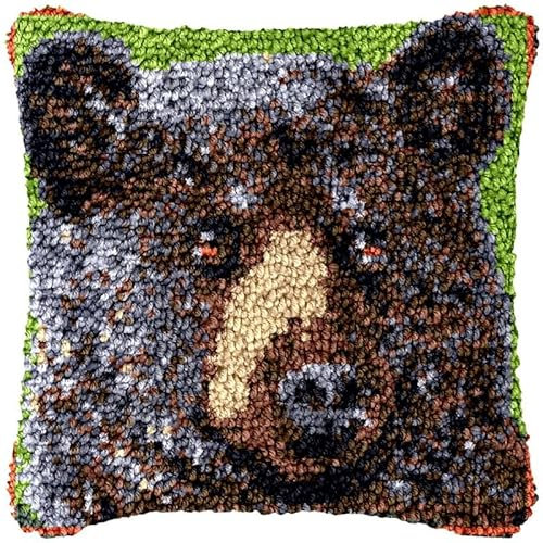Brown Bear Latch Hook Kits Pillow Cover DIY Rug Crochet Hook Cushion Making Kits Color Pattern Printed Canvas Pillowcase Rug Crochet Kits Christmas Decor Adorment 43x43cm