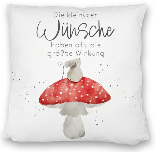 Maus auf Fliegenpilz Kissen satiniert mit Spruch Kleinste Wünsche größte Wirkung Träumender Pilz Gezeichnete Wünsche Geburtstagsgeschenk mit Punkten