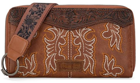 Wrangler Handgelenk-Geldbörse, Western-Geldbörse für Damen, florales Design, Stiefelstich, A-Werkzeug, Braun