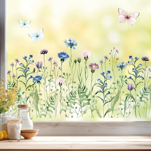 Wandtattoo Loft Fensterbilder Frühling mit Kornblumenwiese& Schmetterling – A4 Bogen, Wiederverwendbar – Frühlingsdeko Fenster, Frühlingsbild Fenster, Fensterdeko Frühling, Fensterfolie Frühling