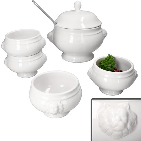 MamboCat Leo Lot de 5 terrines tête de lion avec ou sans couvercle I 4 x 0,45 l et 1 x 2 l I Bol à soupe blanc avec têtes de lion pour soupe et ragoûts