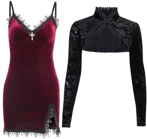 Women 2 Piece Dress Set Gothic Vintage Punk Lolita Velvet Dress and Grunge Long Sleeve Cropped Cardigan Wine Red L