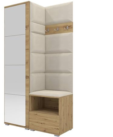 RAVIO Garderoben-Set NELA I mit Spiegel, 100cm Flurgarderobe mit Wandpaneele, Kompaktgarderobe mit Schuhschrank, Inklusive Montagekleber, Praktischer Garderobe (Artisan Eiche + Creme (Trinity 01))