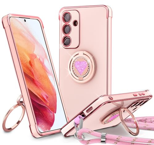 Eherui Cover per Samsung Galaxy S24 Plus,con 360° Supporto ad Anello Doppio Cuore,con Collana Custodia TPU Corda Silicone Regolabile Staccabile Shock Protettiva Custodia per Samsung S24 Plus,Rosa