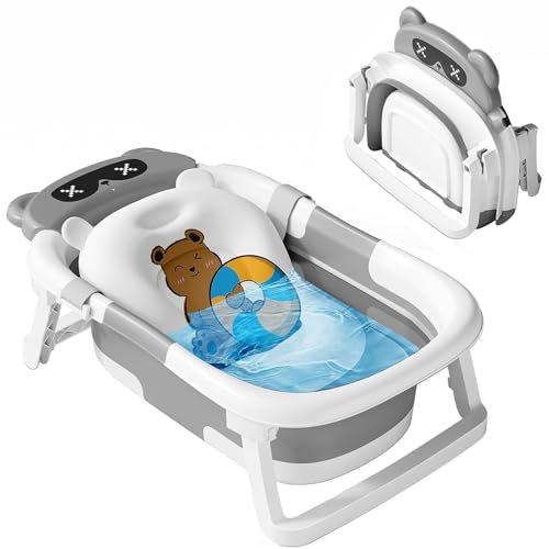 Nutmanel Bañera Bebé Plegable Portátil, Bañera de Viaje, Imprescindible para Bebe, con Alfombrilla Antideslizante y Orificio de Drenaje, Plegable, Bañera Viaje para Bebes, para Bebé Recién Nacido,Gris