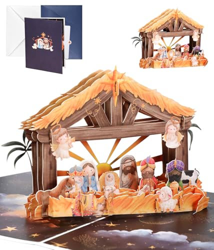 JMHACHY Pop-Up-3D-Weihnachtskarten – religiöse christliche Weihnachtskrippe, Weihnachtsgrußkarten mit Umschlägen, Urlaubsmotiv-Geschenkkarten-Design