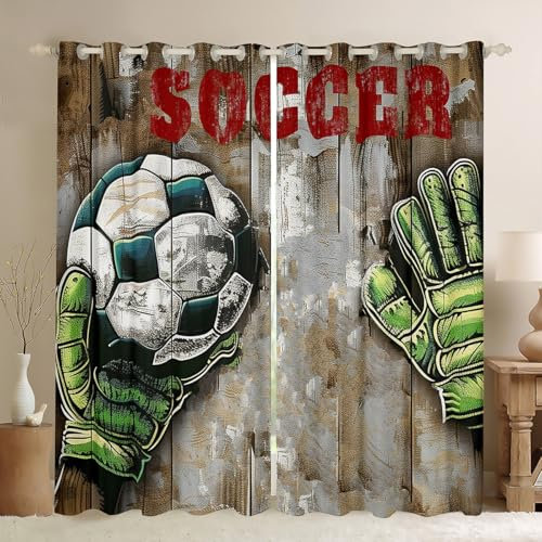 Loussiesd Kinder Fußball Vorhänge 245x140cm Sport Theme Vorhänge für Jungen Mädchen Erwachsene Aquarell Ball Vintage Holz Fenstervorhang Vorhänge Dekor Gardinen