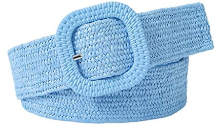 Ceinture tressée vintage large pour femme avec boucle ardillon colorée décorative en paille de polypropylène, bleu ciel, M