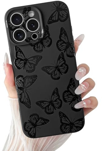 SmoBea Compatible with iPhone 16 Pro Max Case for Women, Butterfly Phone Case Cute Soft TPU Shockproof Full Camera Lens Protective Cover for iPhone 16 Pro Max 6.9 Inch - Black