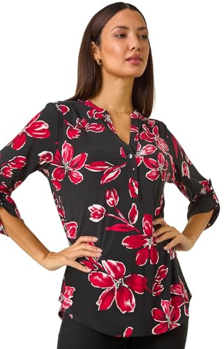 Roman Originals Shirt for Women UK Ladies Top Collarless Blouse Stretchy Tunic Smart Casual Autumn Winter Jersey 3/4 Length Sleeve Notch V Neck Flattering Office Work - Red Ink - Size 20