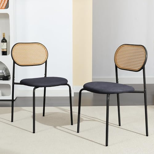 BRILVERDE Esszimmerstühle 2er Set,mit Rattan-Rückenlehne,Verstellbare Metallbeine,Küchenstuhl,für Wohnzimmer,Schlafzimmer,Schwarz