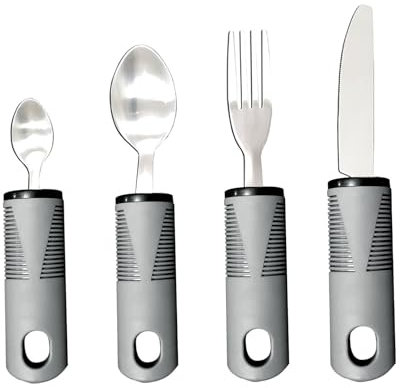 LMSHOWOWO Extra Wide Handles Easy Grip Cutlery Set, Grey Comfort Grips Adaptive Eating Drinking Utensils, Disability Aids Ideal Dining Aid, for Adults Elderly Arthritis Parkinson Tremors Sufferers