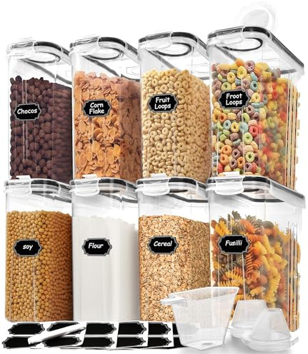 Skroam 8-Piece Cereal Containers, Airtight Food Storage Containers with Pourer for Kitchen and Pantry, Plastic, Cereal Dispenser, Measuring Cup and 20 Labels