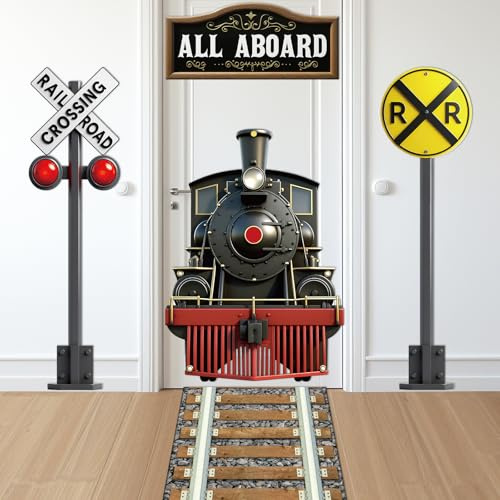 Train Party Decoration Train Theme Door Banner Backdrop Railroad Track Aisle Runner Traffic Crossing Sign Background Fabric for Transportation Birthday School Classroom Home Baby Shower Supplies